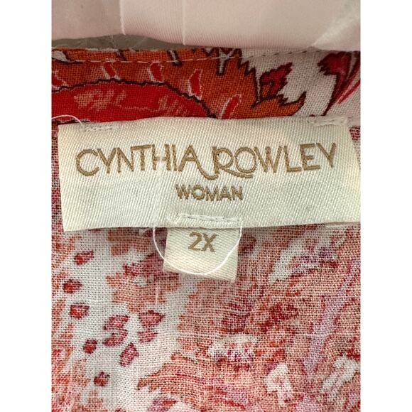 CYNTHIA ROWLEY | Linen Blend Paisley Boho Blouse Orange Pink Flowy Top | 2X - Picture 5 of 7